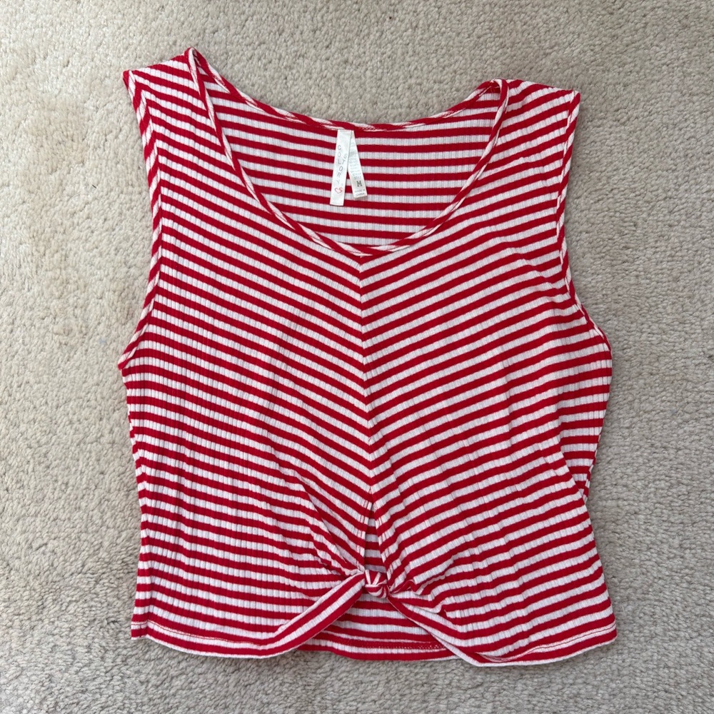RED AND WHITE STRIPED TANK TOP CROPPED TWIST KNOT FRONT WOMENS SIZE MEDIUM